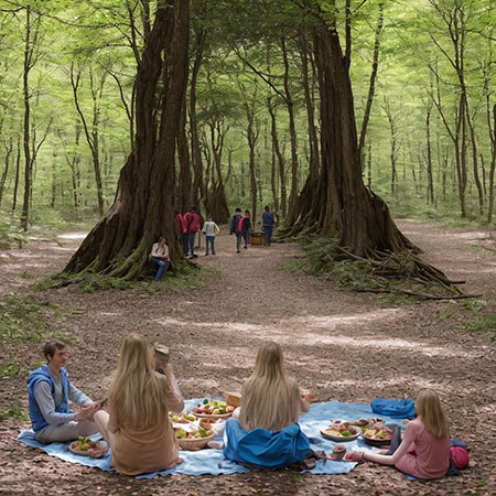 A clearing in a forest in spring with children picknicking, looking like Jesus