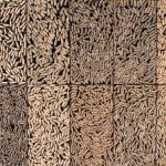 Shades of sheep in pens look like dried beans in this drone photo.