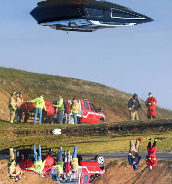 This photo is upside down. It is a nearly submerged SUV in a lake with many bystanders.  After this image was first posted to Reddit in January 2020, it has become a popular meme with the caption: "The difference between a UFO and a female driver is 180 degrees."